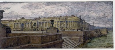 La piazza del Senato a San Pietroburgo. Descrizione degli edifici sulla riva della Neva. Opera di Evgeny Evgenyevich Lanceray (Eugene Lansere) (1875-1946), litografia da Evgeni Evgenievitch Lanceray