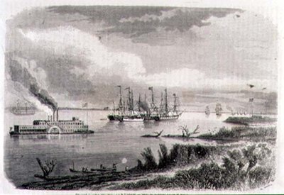 Un piroscafo e un rimorchiatore sul Mississippi, inciso da Stephane Pannemaker da Evremond de (after) Berard