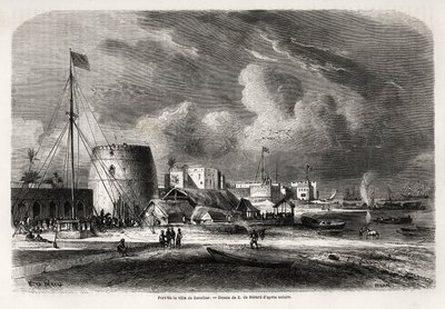 Porto della città di Zanzibar (attuale Tanzania), disegno di Evremond de Berard (1824-1881), per illustrare il viaggio del Capitano Burton ai Grandi Laghi dell