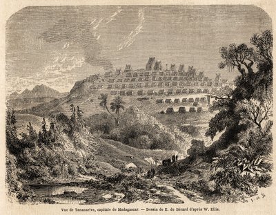 Veduta di Tananarive, capitale del Madagascar, disegno di Evremond de Berard (1824-1881), per illustrare il viaggio di Ida Pfeiffer in Madagascar nel 1857. Incisione in "Le tour du monde" 1861. Collezione Selva da Evremond de (after) Berard