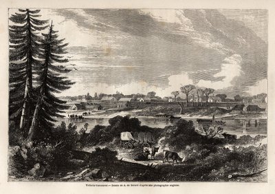 Veduta di Victoria-Vancouver, capitale della Columbia Britannica, disegno di Auguste de Berard (1824-81), per illustrare l