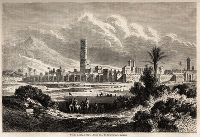 Veduta della città di Marrakech (ex Marocco), disegno di Auguste de Berard (1824-1881), per illustrare il viaggio di Mr.F. Schickler in Marocco nel 1860. Incisione in 