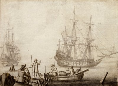 Uomini in una Barca vicino a Due Navi Olandesi da Experiens Sillemans