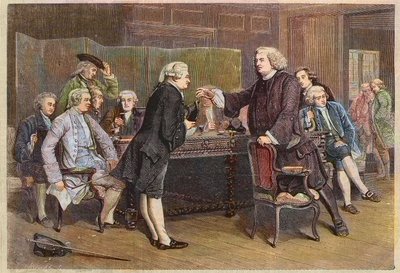 Introduzione di Boswell al Club Letterario - Il dottor Johnson riceve Boswell nella biblioteca - Incisione da un dipinto di Eyre Crowe da Eyre (after) Crowe