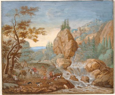 Paesaggio montano con una battuta di caccia in primo piano da F.C. van Bracht