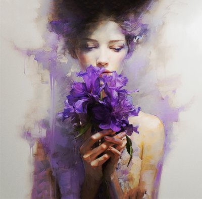 Donna con fiori viola astratti da F. Abderrahim