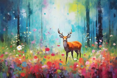 Un cervo nella natura e alberi della foresta, colori vivaci, stampe su tela da F. Abderrahim