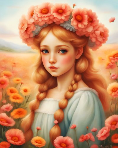 Ragazza decorata con fiori in un paesaggio da F. Abderrahim