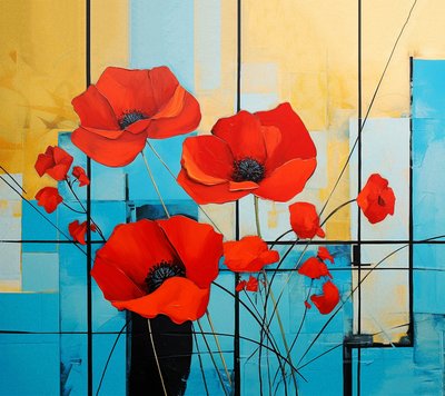 Astratto Mondrian, dipinto di fiori di papavero, Arte da Parete da F. Abderrahim