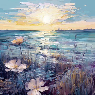 Fiori viola astratti nel lago blu, stampe d