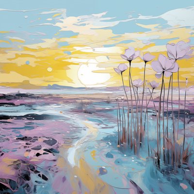 Fiori viola astratti nel paesaggio al tramonto, stampe d