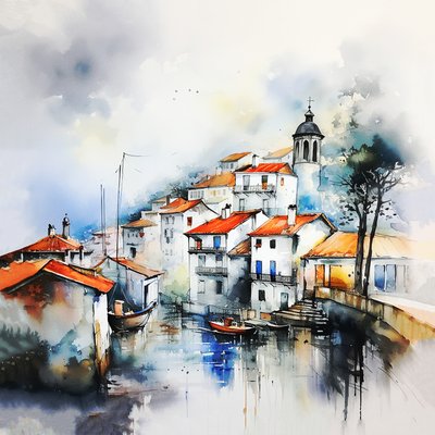 Paesaggio ad acquerello astratto, dipinto di villaggio e strada, decorazione per sala e soggiorno da F. Abderrahim
