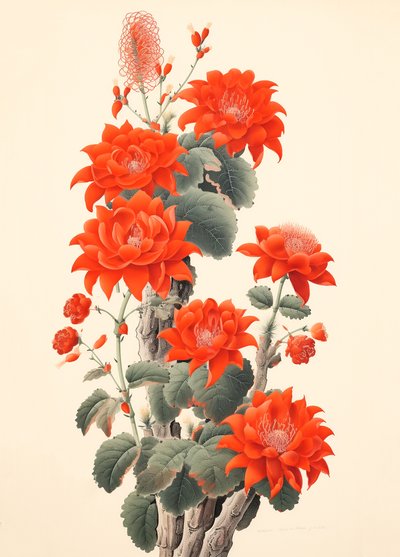 Cactus astratto con fiori, xilografia giapponese, stampe d