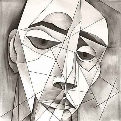 Disegno a matita primitivo astratto di un ritratto facciale malinconico da F. Abderrahim