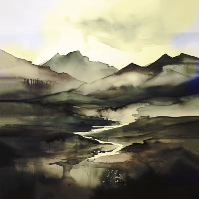 Paesaggio astratto ad acquerello viola scuro e blu | Stampe su tela da F. Abderrahim