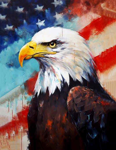 Aquila americana, bandiera degli Stati Uniti sullo sfondo, dipinto ad olio, decorazione per la stanza, stampe d
