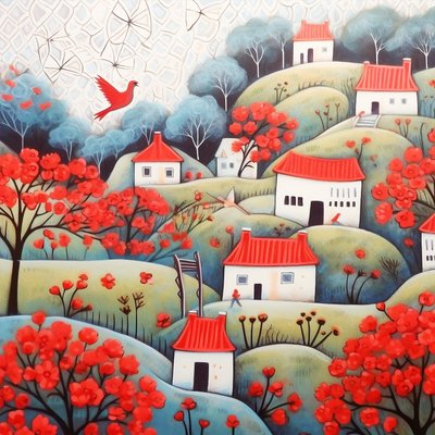 Belle case in un paesaggio rosso e viola, un dipinto surreale, stampe su tela da F. Abderrahim