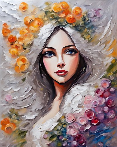 Bella giovane donna circondata da fiori da F. Abderrahim