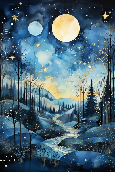 Sussurri celesti: pittura astratta ad acquerello del cielo notturno blu da F. Abderrahim