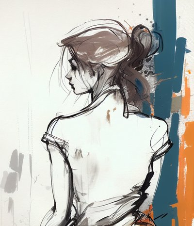 Disegno di una ragazza di spalle con linee minimaliste da F. Abderrahim