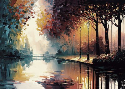 Pittura espressiva di un giardino con un ruscello in autunno da F. Abderrahim