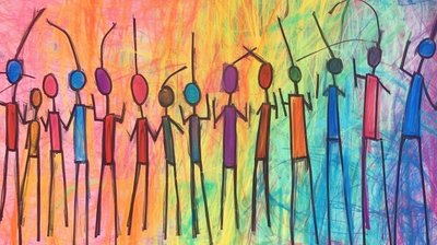 Pittura primitiva di una folla di persone, ritratto minimalista, stampe d