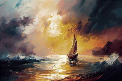 Barca a vela in un tramonto rosso da F. Abderrahim