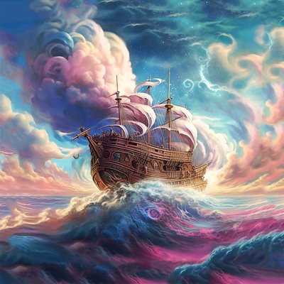 Nave che naviga tra le nuvole astratte, cielo surreale da F. Abderrahim