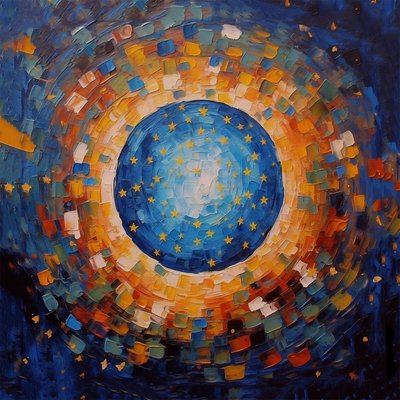 Dipinto a mosaico del tramonto, blu e arancione, stampa su tela, decorazione murale da F. Abderrahim