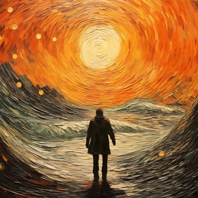 Scena surreale, un uomo nelle onde del mare, stile impressionista di Vincent van Gogh da F. Abderrahim