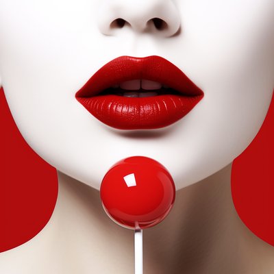 Donna che gusta un lecca-lecca, denti bianchi splendenti, stampe d