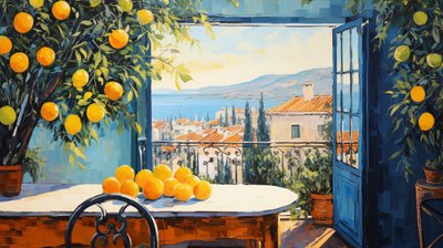 Arte naif astratta impressionista, finestra sul paesaggio, decorazione murale per camera da letto da F. Abderrahim