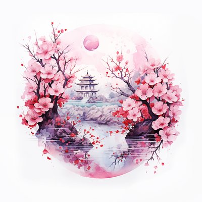 giardino tradizionale giapponese con fiori, stampa d