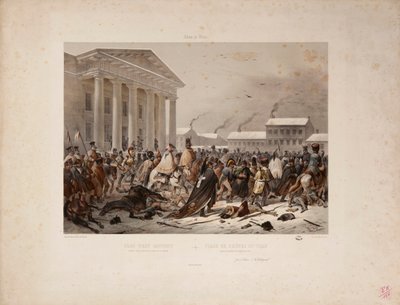 Esercito Francese in Ritirata nella Piazza del Municipio di Vilna, inciso da Victor Adam e Louis Pierre Alphonse Bichebois, 1812 da F. Daniel