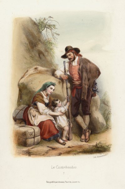 Le Contrebandier (Il Contrabbandiere) (litografia a colori) da F. Grenier