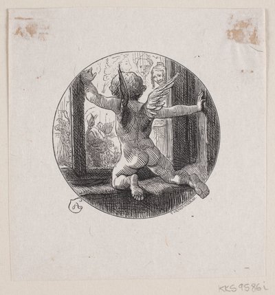 Vignetta circolare con angelo volante da F. Hendriksen