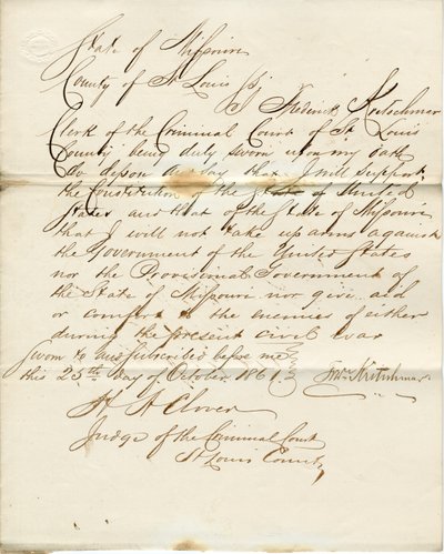 Giuramento di fedeltà di Frederick Kretschmar, Stato del Missouri, Contea di St. Louis da F. Kretschmar
