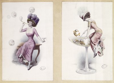 Cartoline raffiguranti una donna che soffia bolle e pesca in un bicchiere di Champagne, c.1900 da F. Kuderna