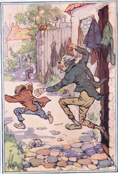 Sarebbe uscito dal negozio dopo di loro e li avrebbe fatti volare, illustrazione da David Copperfield, 1914 da F. M. B. Blaikie