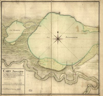 Carta particolare del corso del fiume St. Louis dal villaggio selvaggio fino al di sotto del Detour aux Angloix, dei laghi Pontchartrain e Maurepas e dei fiumi e bayou che vi affluiscono da F. Saucier