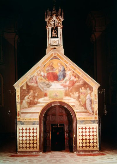Esterno della Cappella della Porziuncola con un affresco che mostra San Francesco che riceve il Perdono di Assisi; Interno di Santa Maria degli Angeli da F and Poletti Overbeck