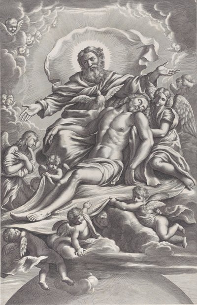 La Santissima Trinità, con il Cristo morto al centro circondato da angeli, Dio Padre, ..., 1650-90 da F. de Louvement