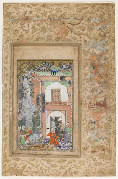 Babur intrattiene nel Palazzo del Sultano Ibrahim Lodi, foglio staccato da una copia dispersa del Baburnama (Tuzuk-i Baburi) di Zahir-al-Din Muhammad Babur, c.1585 da Farrukh Beg