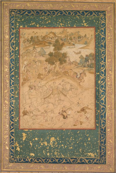 Akbar che supervisiona la cattura di elefanti selvatici a Malwa nel 1564, c. 1602-3 da Farukh Chela