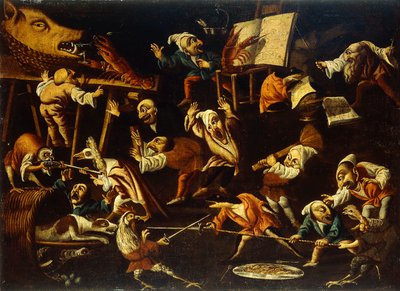 Animali immaginari e nani che combattono, bevono e festeggiano da Faustino Bocchi or Boccasi