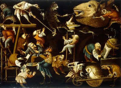 Animali immaginari e nani che combattono, bevono e festeggiano da Faustino Bocchi or Boccasi