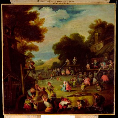 Pigmei a una fiera, che attingono acqua da un pozzo in primo piano e guardano spettacoli teatrali oltre da Faustino Bocchi or Boccasi