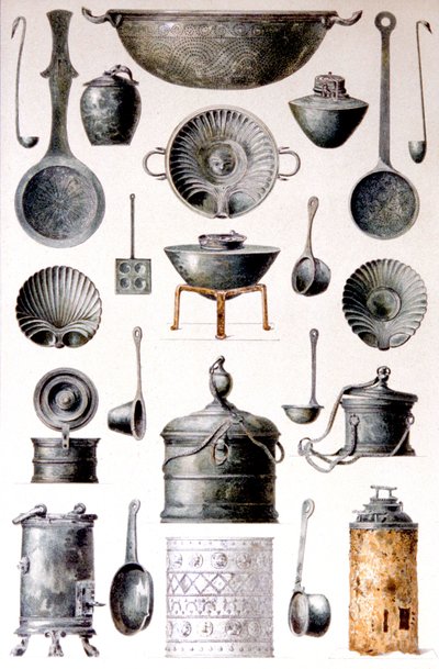 Riproduzione di utensili da cucina, da Le Case e i Monumenti di Pompei, di Fausto e Felice Niccolini, Volume IV, Supplemento, Tavola XVII da Fausto and Niccolini Felice Niccolini