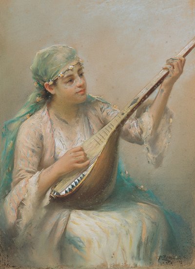 Donna che suona un liuto da Fausto Zonaro
