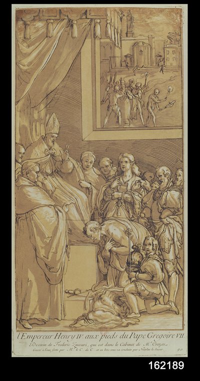 Imperatore Enrico IV (1050-1106) ai piedi di Papa Gregorio VII (1020-85) inciso da Nicolas Le Sueur (1691-1764) da Federico Zuccari or Zuccaro